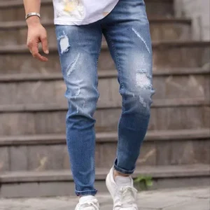 Jean skinny fit bleu clair effet destroy pour homme