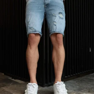 Short en jean déchiré bleu clair pour homme