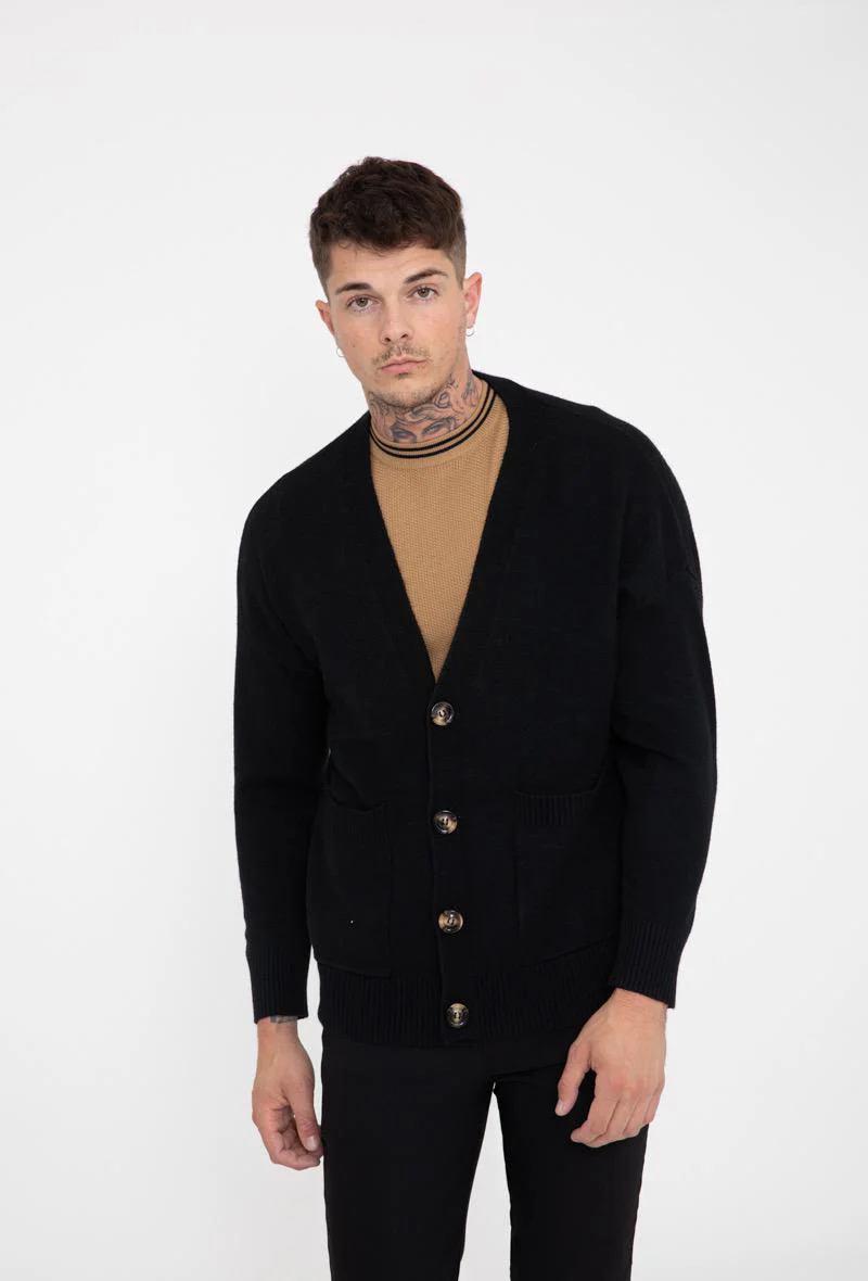Pull cardigan noir fermeture bouton homme fashion