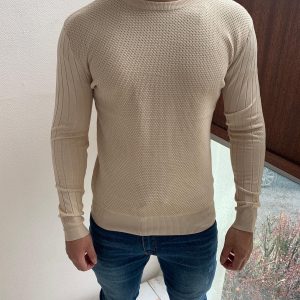 Pull col rond avec coudière beige homme fashion