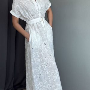 Robe Chemise Brodée “Blanche” – Ceinture à nouer