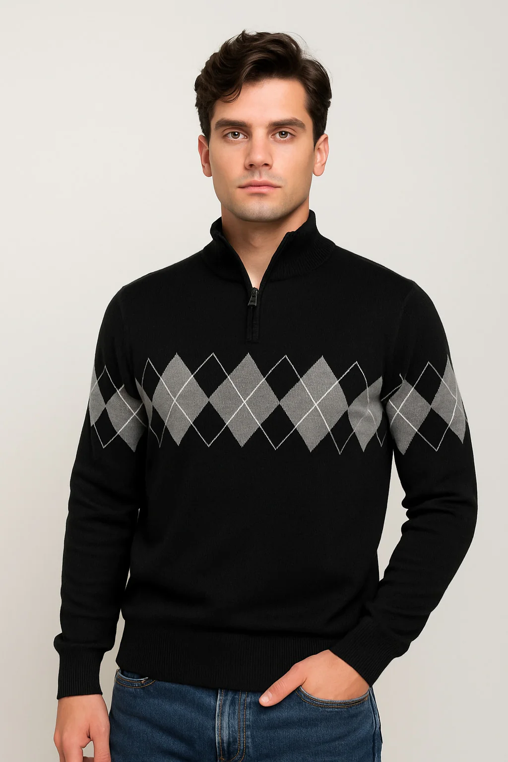 Pull homme zippé à losanges