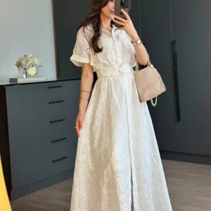 Robe Chemise Brodée “Blanche” – Ceinture à nouer