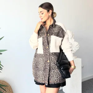 Cardigan bicolore beige et léopard