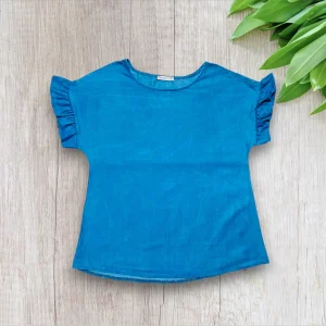 Blouse en Jean Femme Taille Unique Col Rond Manches Courtes avec Volants