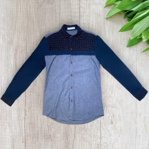 Chemise homme bi-matière Wish – Taille S – Bleu marine & bleu jean – Velours + jean