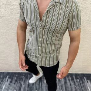 Chemisette kaki à rayure fin homme