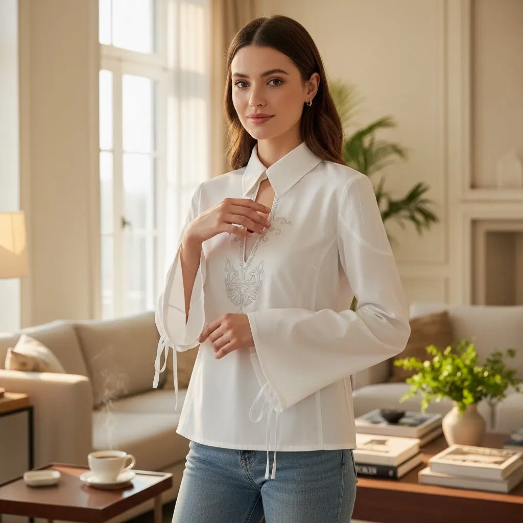 Chemisier femme IKKS taille 38 blanc à broderies – Image 5