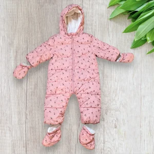 Combinaison doudoune bébé fille TEX 12 mois – Rose fleuri, moufles & chaussons amovibles