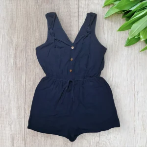 Combishort femme L–Bleu canard–Neuf avec étiquette–Bretelles nouées–Boutons bois–Taille élastique