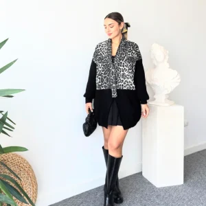 Cardigan noir avec empiècement imprimé léopard