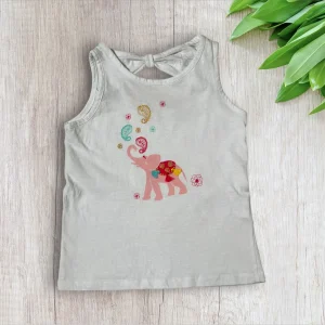 Débardeur fille 6 ans Districenter – blanc avec éléphant rose et pompons colorés