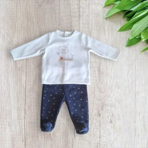 Ensemble bébé fille Orchestra – Pull blanc polaire & pantalon bleu marine à motifs cœur - 9 mois