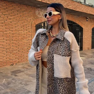 Cardigan bicolore beige et léopard