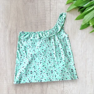 Haut Asymétrique à Volants - Taille L - Imprimé Fleuri Turquoise