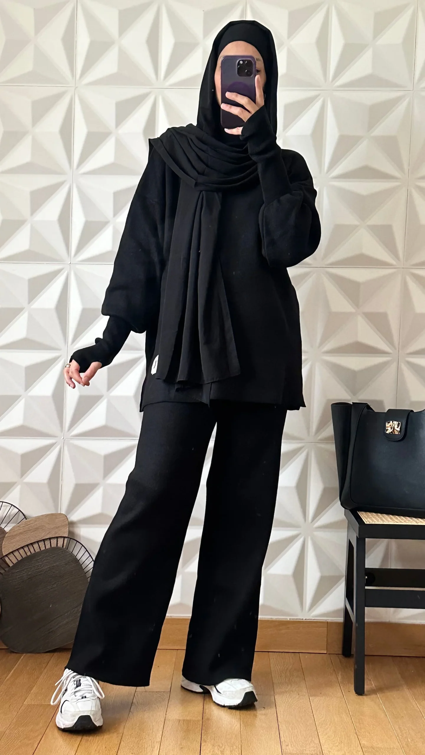 Ensemble en maille pantalon et pull à manches mitaines - Noir – Image 3