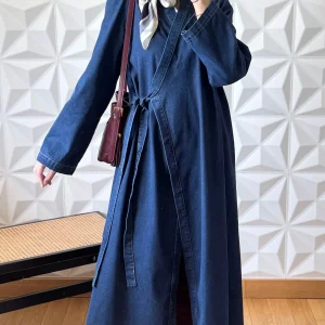 Veste longue en jean croisée et nouée sur le devant - Denim foncé