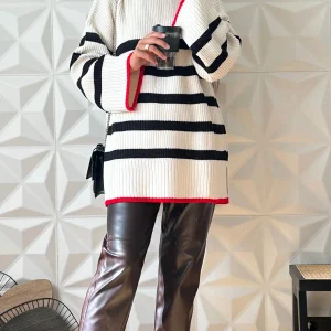 Pull oversize avec col ras de cou à rayures - Crème