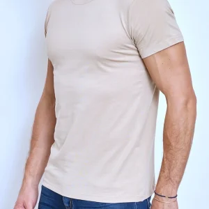 T-shirt col rond beige clair coton homme
