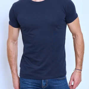 T-shirt col rond bleu marine coton homme