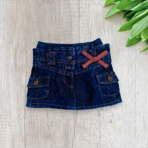 Jupe Bébé Fille 6 Mois en Jean Foncé avec Nœud Marron - Tape à l'Oeil