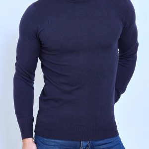 Pull col roulé classique bleu marine fashion homme