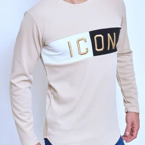 T-shirt manches longues beige col rond texte bicolore Icon fashion homme