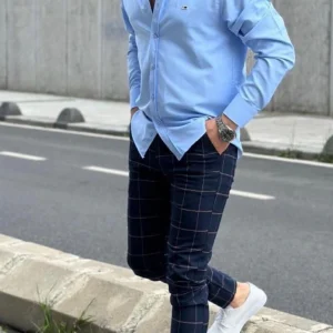 Chino confortable bleu foncé à carreaux homme fashion