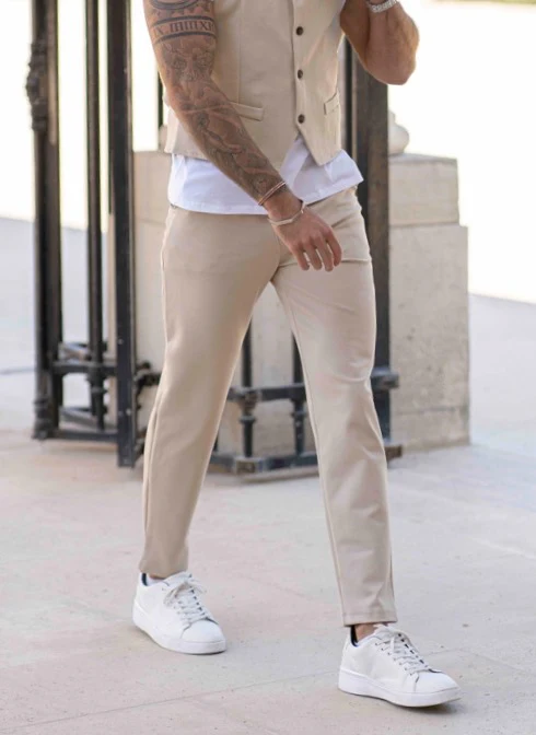 Pantalon tendance unicolore beige fashion homme - Frilivin