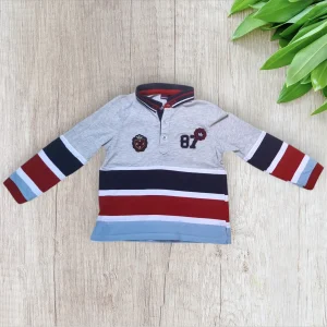 Polo garçon Sergent Major–5 ans–Manches longues–Gris à rayures et écussons