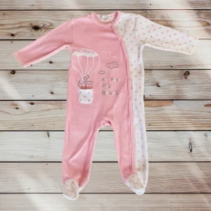 Pyjama Bébé Fille 12 Mois - 1 Pièce Rose et Blanc Pois avec Lapin en Montgolfière