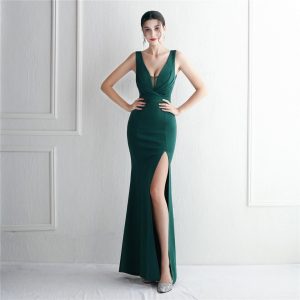 Robe de Bal Satin Fendue Verte