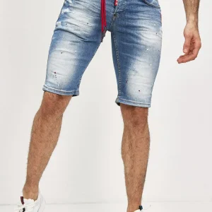 Short jeans bleu délavé avec peinture et cordon rouge homme fashion