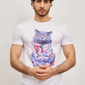 T-Shirt à manches courtes blanc graphique chat fashion homme