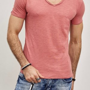 T-shirt col en V rose coton homme fashion