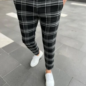Pantalon noir à carreaux slim fashion homme