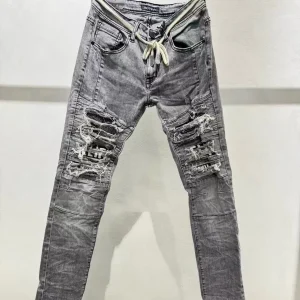 Jean homme slim destroy à cordon – Gris délavé