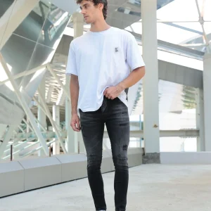 Jean noir gris délavé troué pour homme