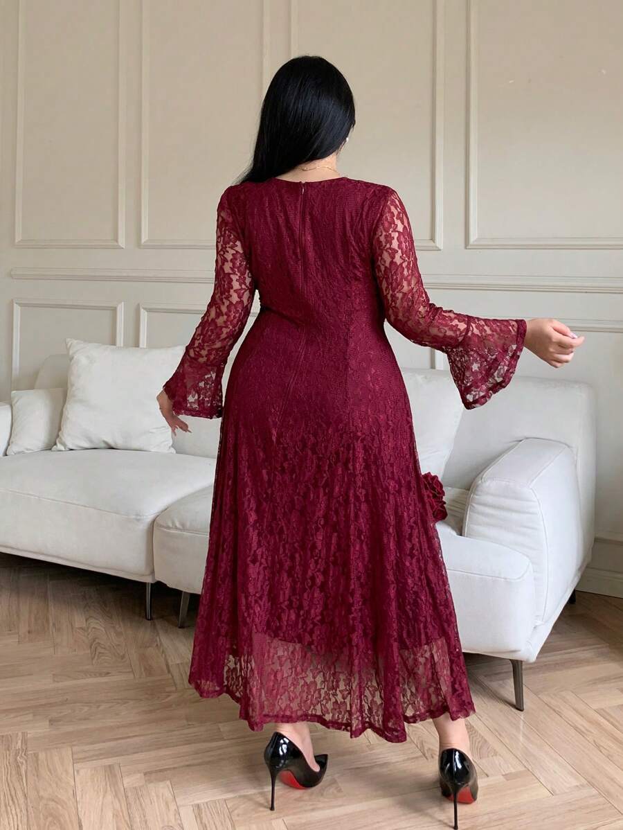 SHEIN GRANDE TAILLE (44/46/48/50/52/54) Robe élégante manches longues esprit dentelle, taille marquée, coupe évasée estivale – Image 2