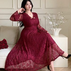 SHEIN GRANDE TAILLE (44/46/48/50/52/54) Robe élégante manches longues esprit dentelle, taille marquée, coupe évasée estivale