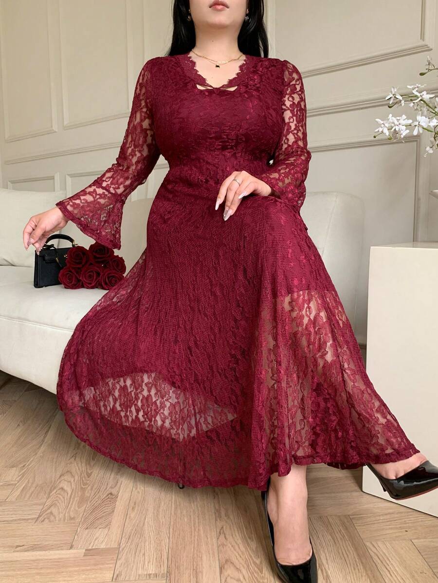 SHEIN GRANDE TAILLE (44/46/48/50/52/54) Robe élégante manches longues esprit dentelle, taille marquée, coupe évasée estivale – Image 4