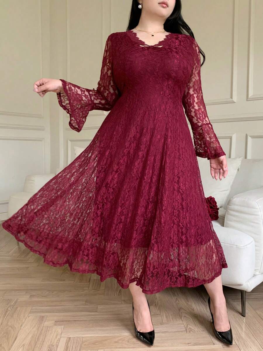 SHEIN GRANDE TAILLE (44/46/48/50/52/54) Robe élégante manches longues esprit dentelle, taille marquée, coupe évasée estivale – Image 3