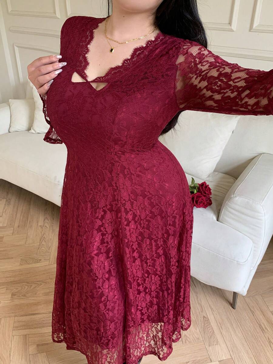 SHEIN GRANDE TAILLE (44/46/48/50/52/54) Robe élégante manches longues esprit dentelle, taille marquée, coupe évasée estivale – Image 5