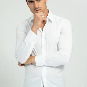 Chemise uni slim manche longue blanc homme stylé - Frilivin