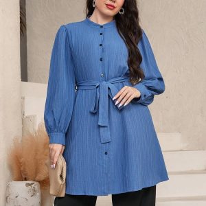 SHEIN GRANDE TAILLE (44/46/48/50/52/54) Liquette manches longues SHEIN effet lanterne avec ceinture – Coupe ample, look casual