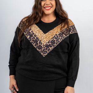 Pull noir motif sequins léopard