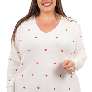 Pull maille blanc avec coeurs rouges femme