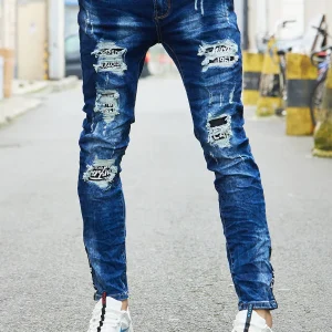 Jean bleu homme fashion délavé et troué