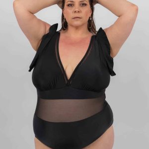 Maillot de bain noir à volants bande mesh