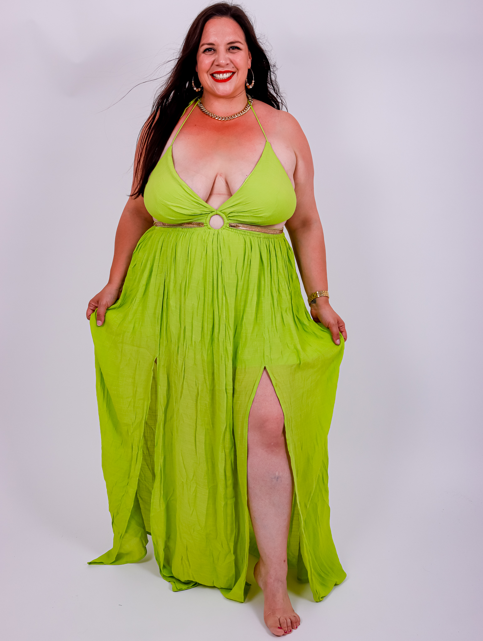 Robe longue à décolleté plongeant lime